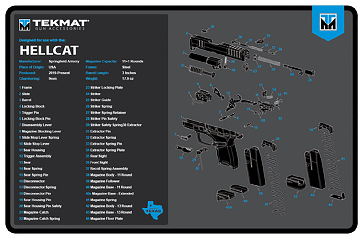 TekMat Springfield Hellcat Firearm Cleaning and Maintenance Mat Black/Blue 11x17 Inch