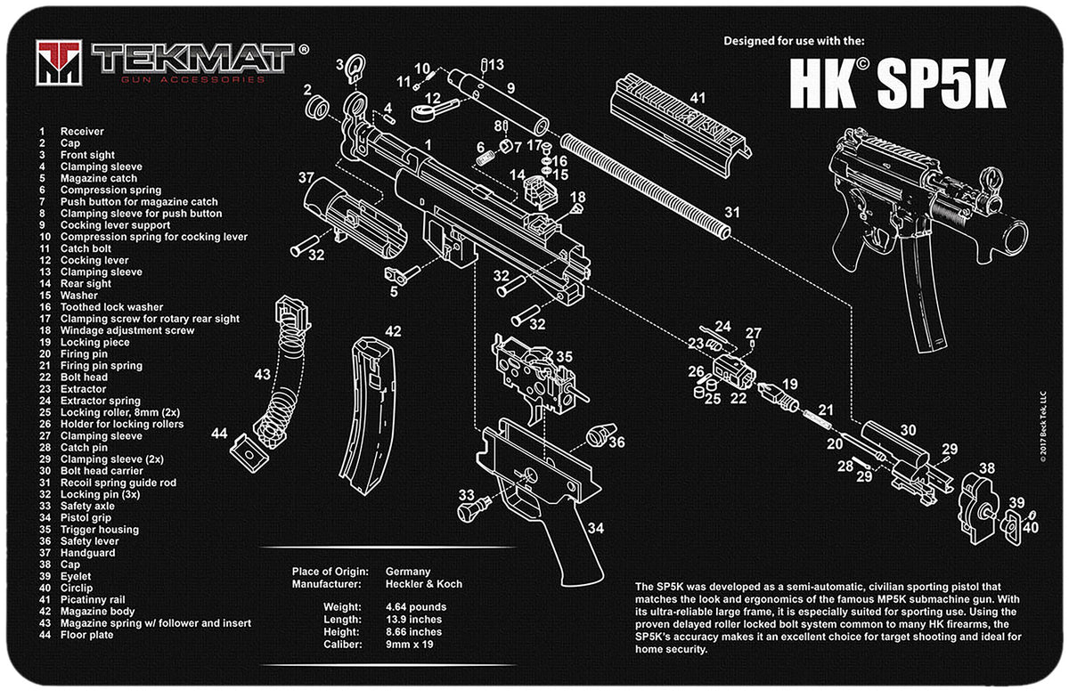 TekMat HK SP5K Firearm Cleaning and Maintenance Mat Black/White 11x17 Inch