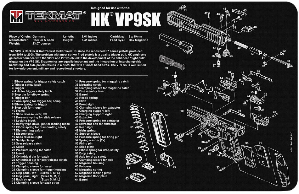 TekMat HK VP9SK Firearm Cleaning and Maintenance Mat Black/White 11x17 Inch
