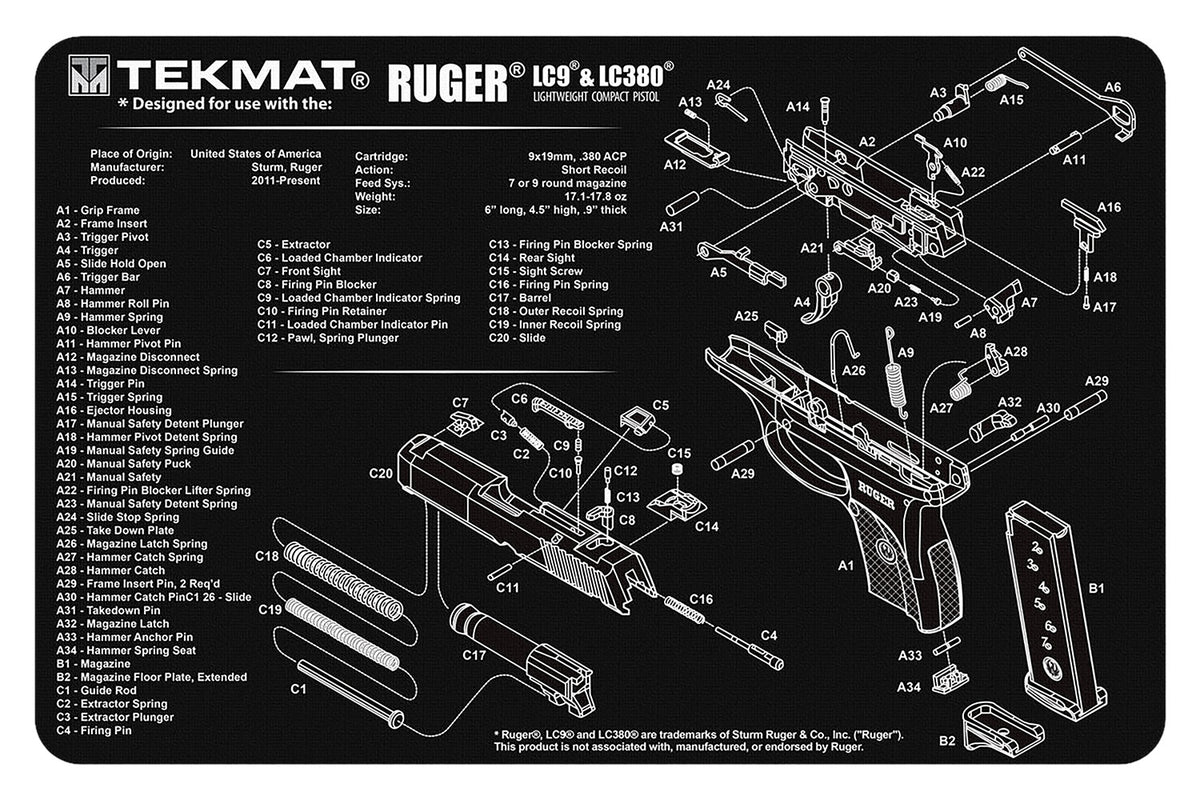 TekMat TEKR17RUGERLC9 Ruger LC9 Parts Diagram Cleaning Mat 11"x17" Black/White