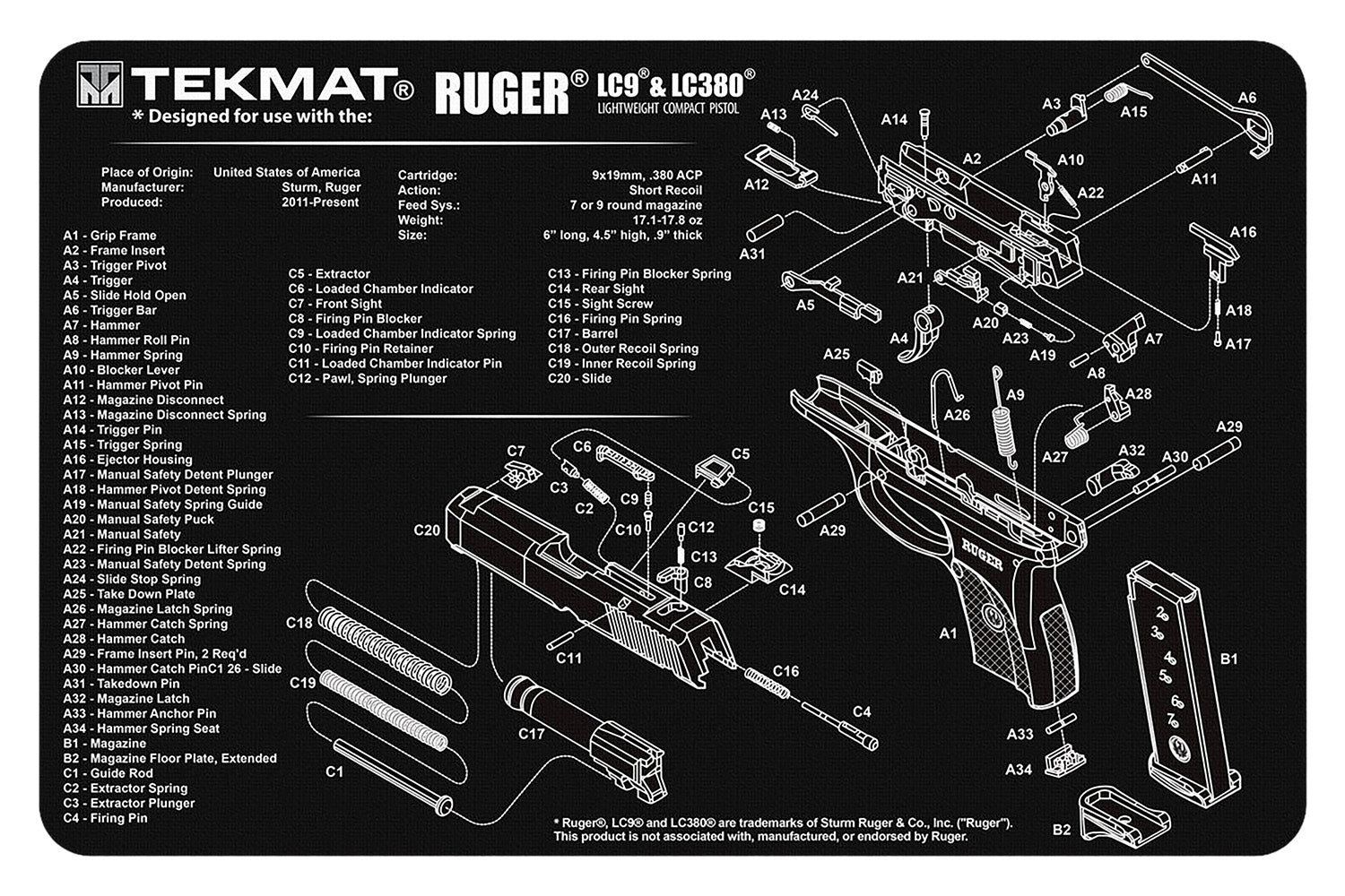 TekMat TEKR17RUGERLC9 Ruger LC9 Parts Diagram Cleaning Mat 11"x17" Black/White
