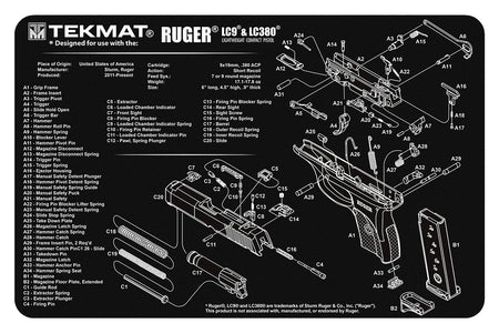 TekMat TEKR17RUGERLC9 Ruger LC9 Parts Diagram Cleaning Mat 11"x17" Black/White
