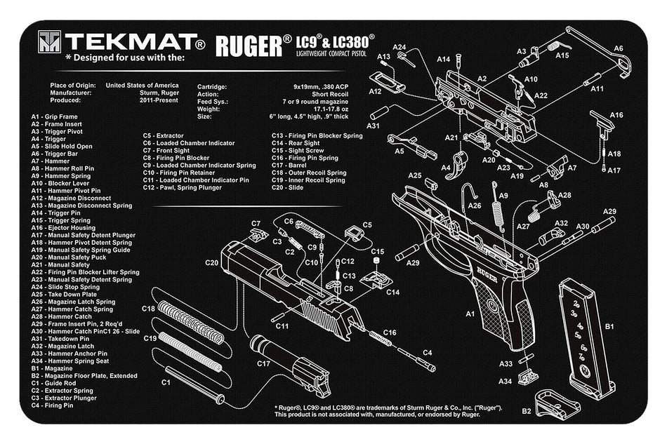 TekMat TEKR17RUGERLC9 Ruger LC9 Parts Diagram Cleaning Mat 11"x17" Black/White