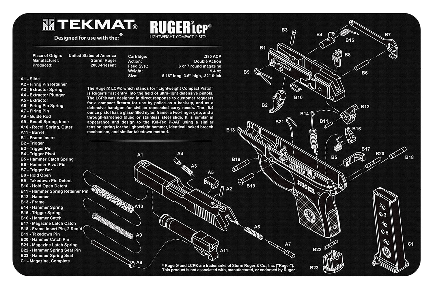 TekMat TEKR17RUGERLCP Ruger LCP Parts Diagram Cleaning Mat 11"x17" Black/White