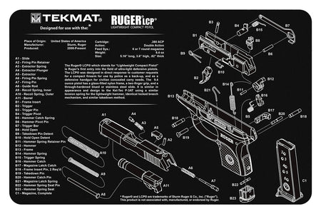 TekMat TEKR17RUGERLCP Ruger LCP Parts Diagram Cleaning Mat 11"x17" Black/White