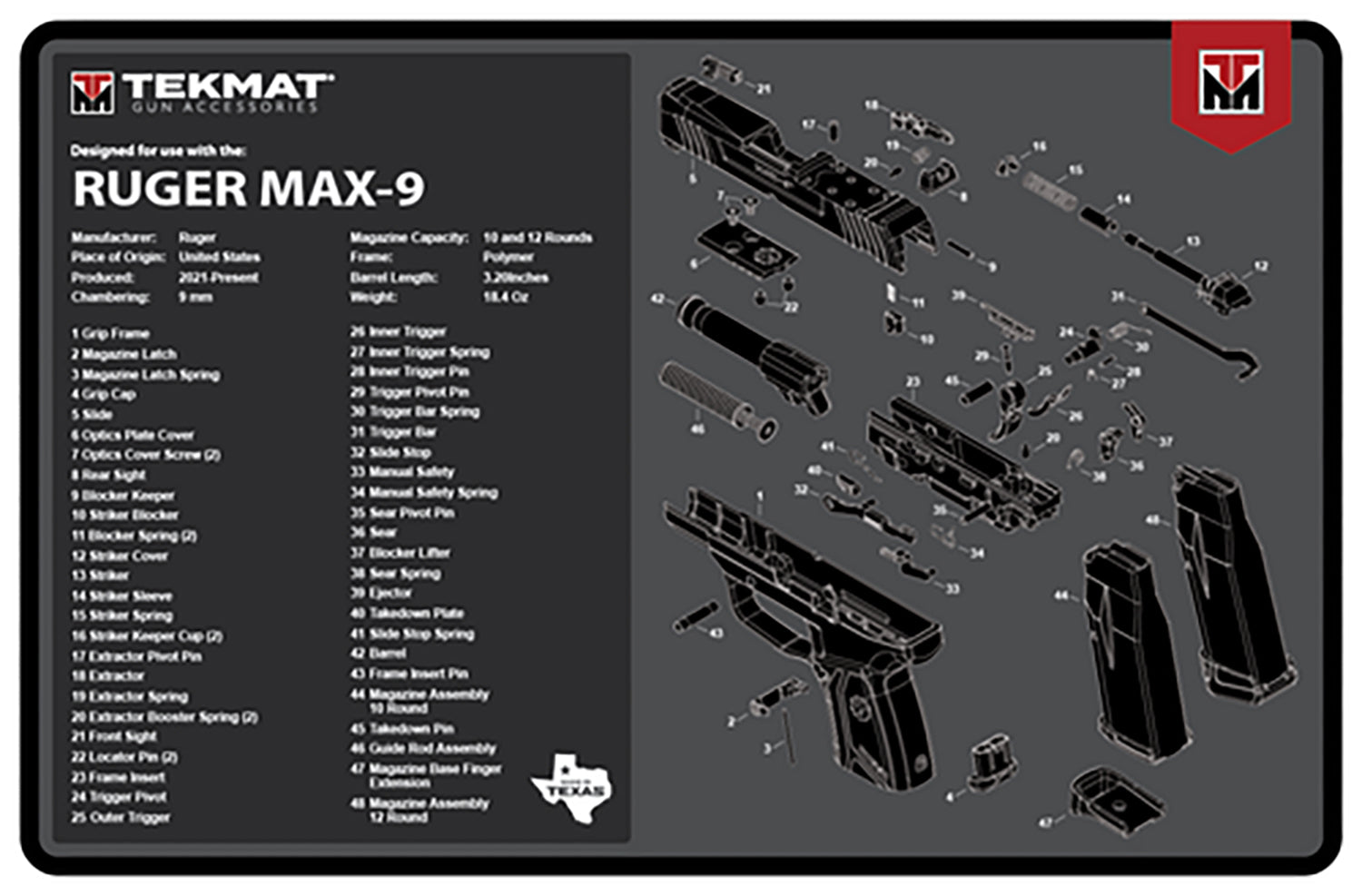TekMat TEKR17RUGERMAX9 Ruger Max 9 Parts Diagram Cleaning Mat 11"x17" Black/White