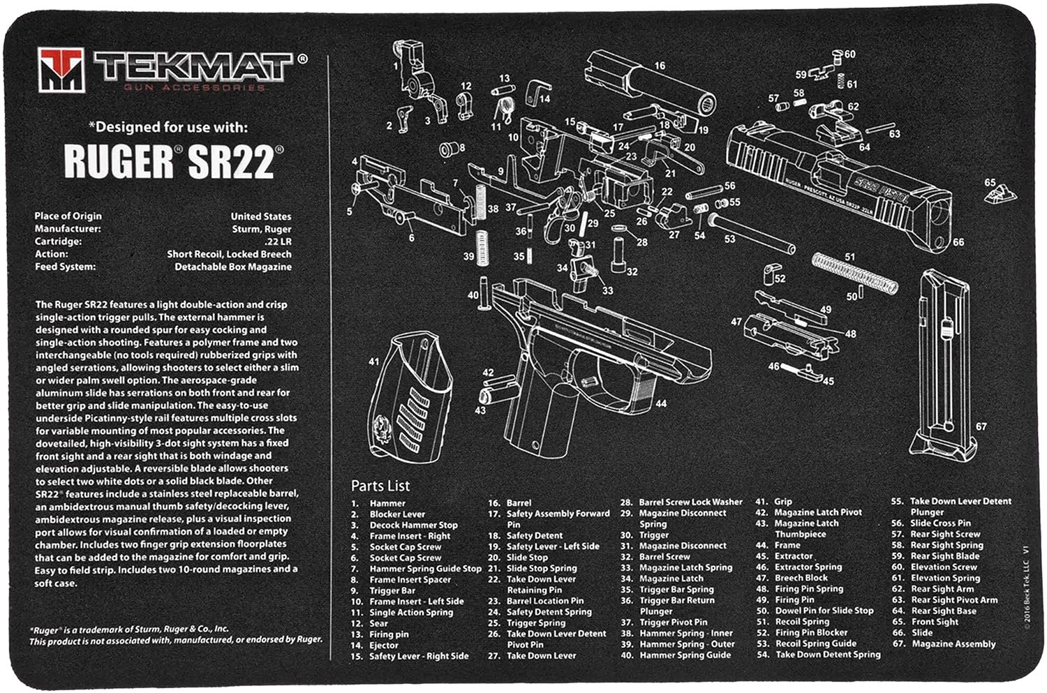 TekMat TEKR17RUGERSR22 Ruger SR22 Parts Diagram Cleaning Mat 11"x17" Black/White