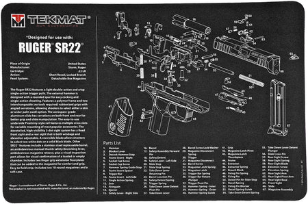 TekMat TEKR17RUGERSR22 Ruger SR22 Parts Diagram Cleaning Mat 11"x17" Black/White