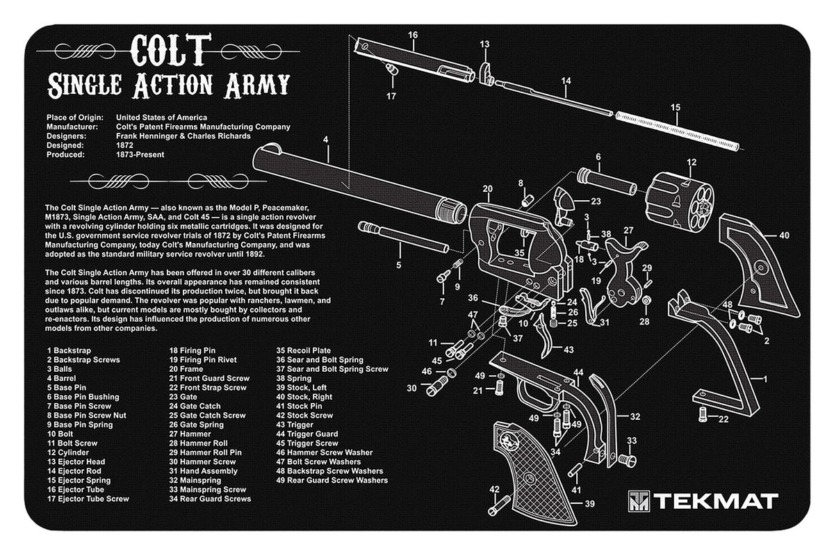 TekMat TEKR17SAA Colt Army Revolver Parts Diagram Cleaning Mat 11"x17" Black/White