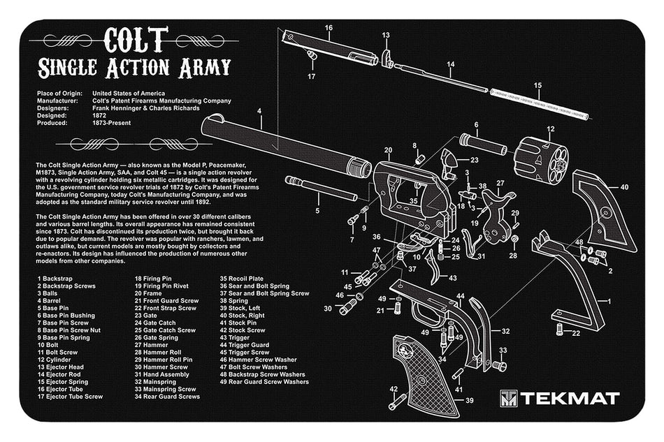 TekMat TEKR17SAA Colt Army Revolver Parts Diagram Cleaning Mat 11"x17" Black/White