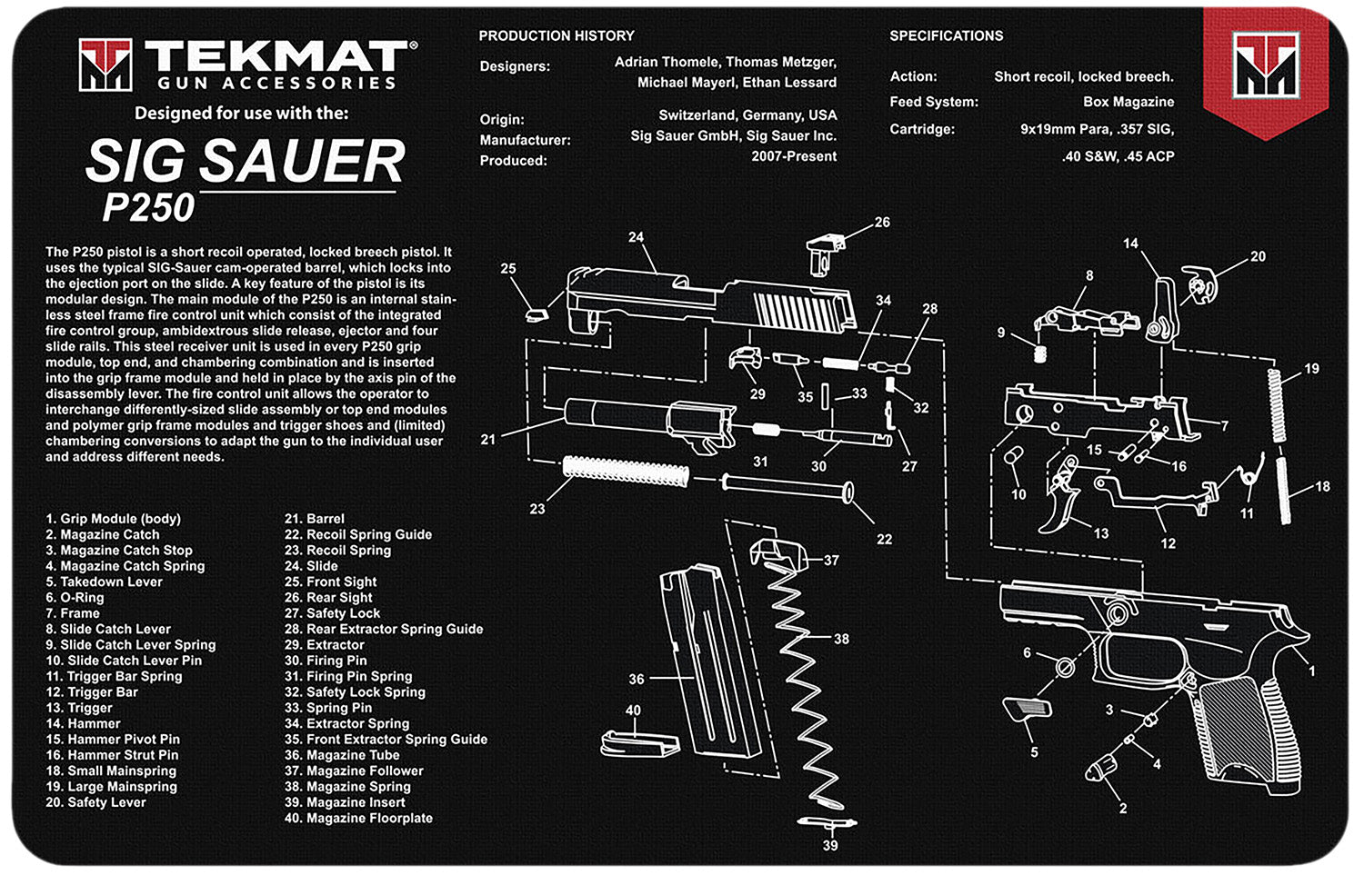 TekMat TEKR17SIGP250 Sig P250 Parts Diagram Cleaning Mat 11"x17" Black/White