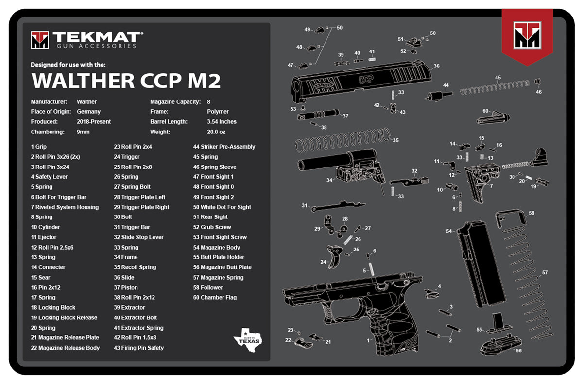 TekMat TEKR17WALCCPM2 Walther CCP M2 Parts Diagram Cleaning Mat 11"x17" Black/White
