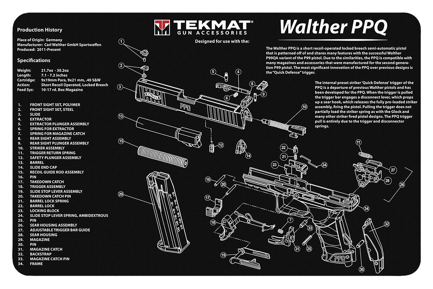 TekMat TEKR17WALPPQ Walther PPQ Parts Diagram Cleaning Mat 11"x17" Black/White