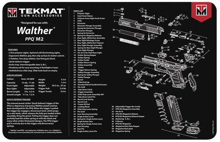 TekMat TEKR17WALPPQM2 Walther PPQ MOD 2 Parts Diagram Cleaning Mat 11"x17" Black/White
