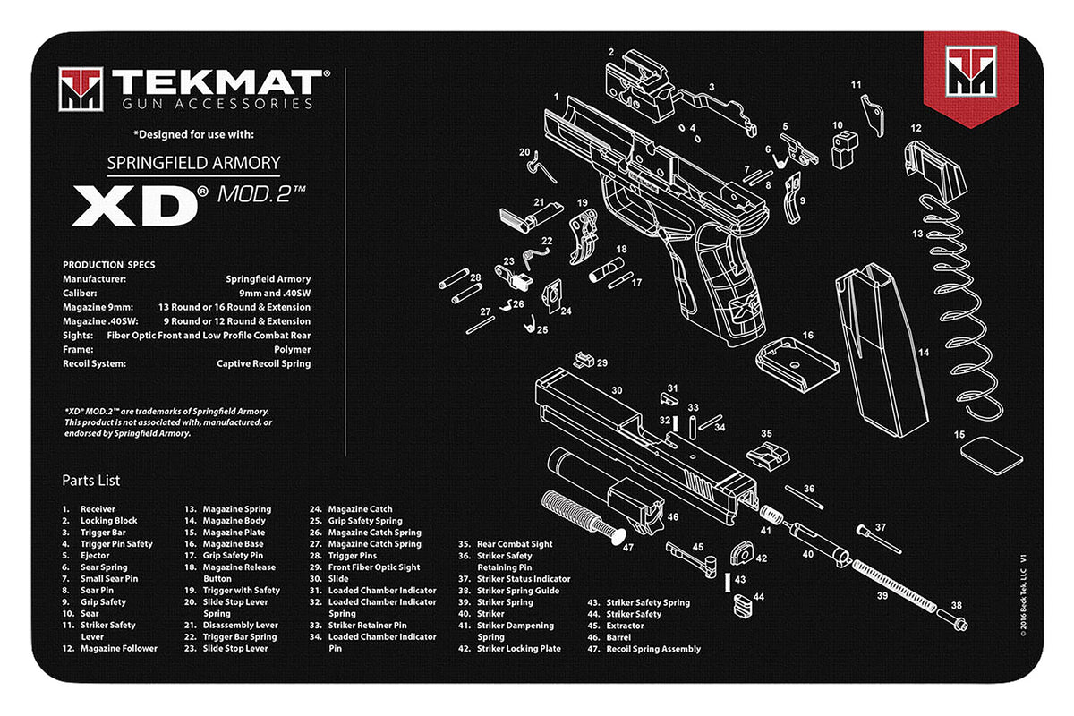 TekMat TEKR17XDMOD2 Springfield XD MOD 2 Parts Diagram Cleaning Mat 11"x17" Black/White