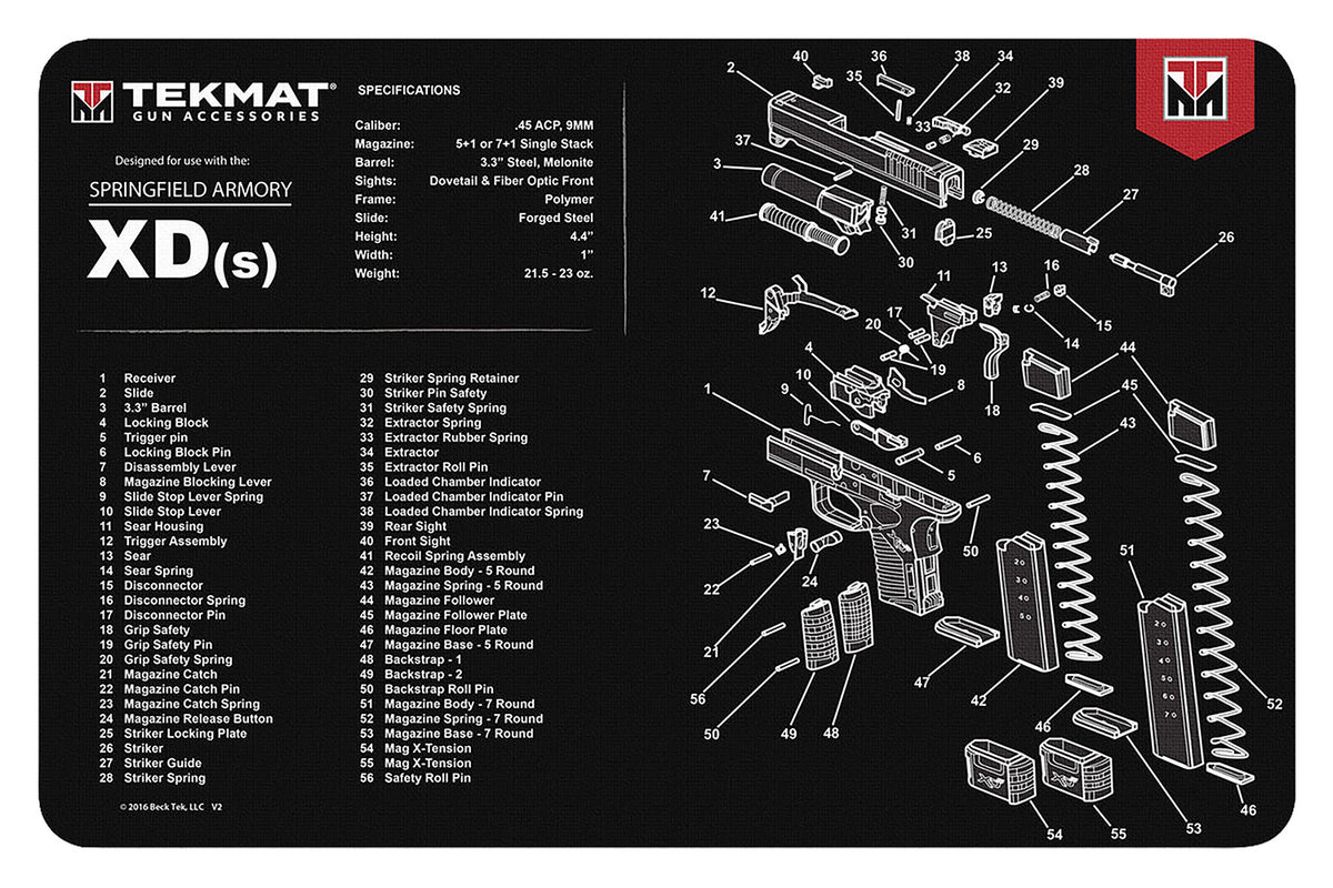 TekMat TEKR17XDS Springfield XDs Parts Diagram Cleaning Mat 11"x17" Black/White