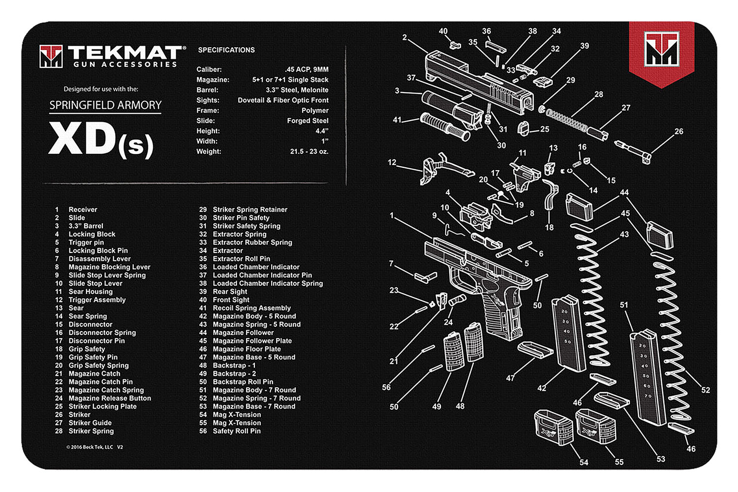 TekMat TEKR17XDS Springfield XDs Parts Diagram Cleaning Mat 11"x17" Black/White