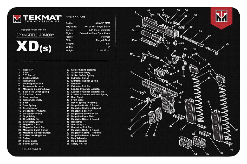 TekMat TEKR17XDS Springfield XDs Parts Diagram Cleaning Mat 11"x17" Black/White