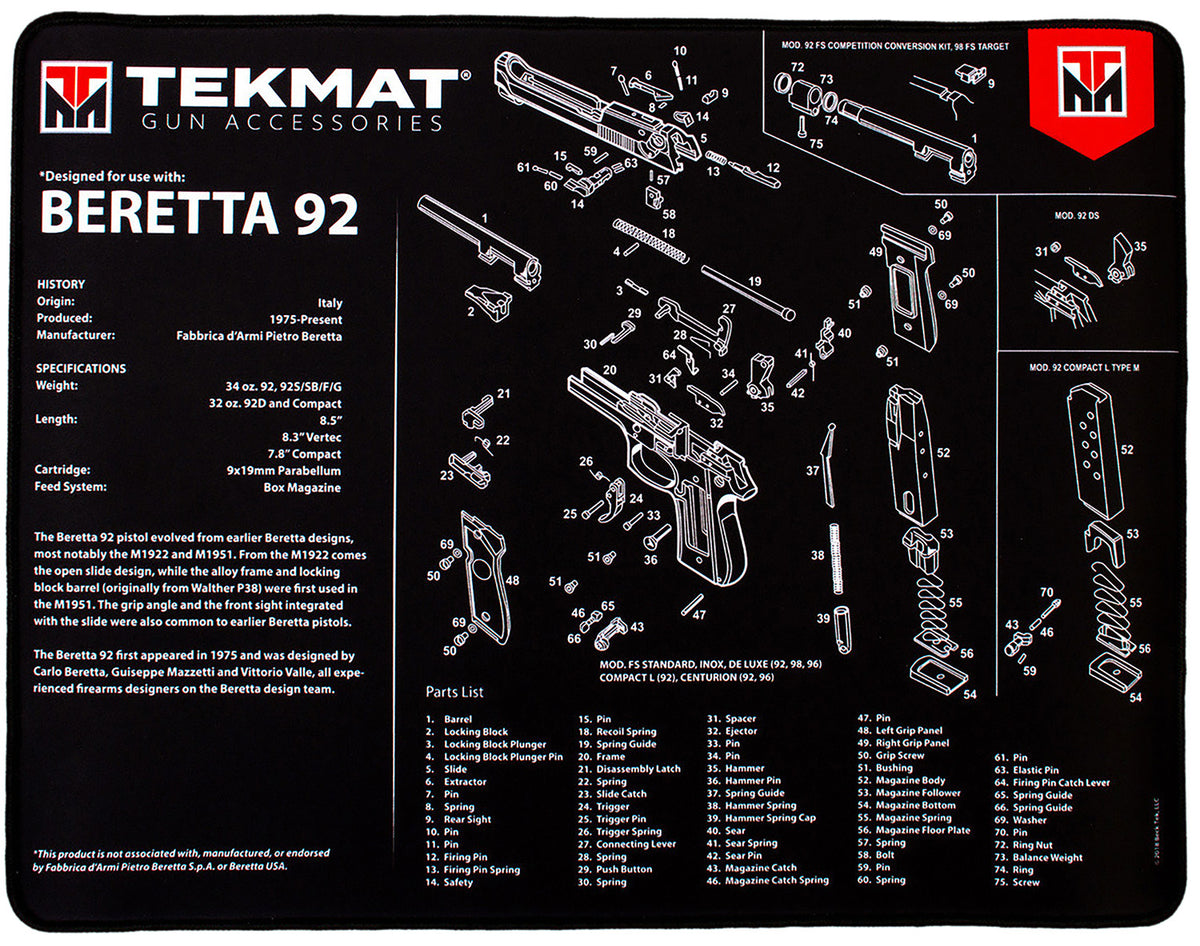 TekMat TEKR20BER92 Beretta 92 Parts Diagram Ultra 20 Cleaning Mat 15"x20" Black/White