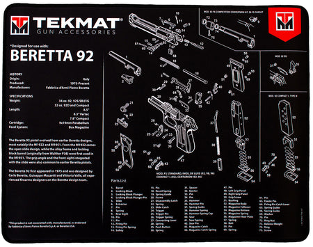 TekMat TEKR20BER92 Beretta 92 Parts Diagram Ultra 20 Cleaning Mat 15"x20" Black/White