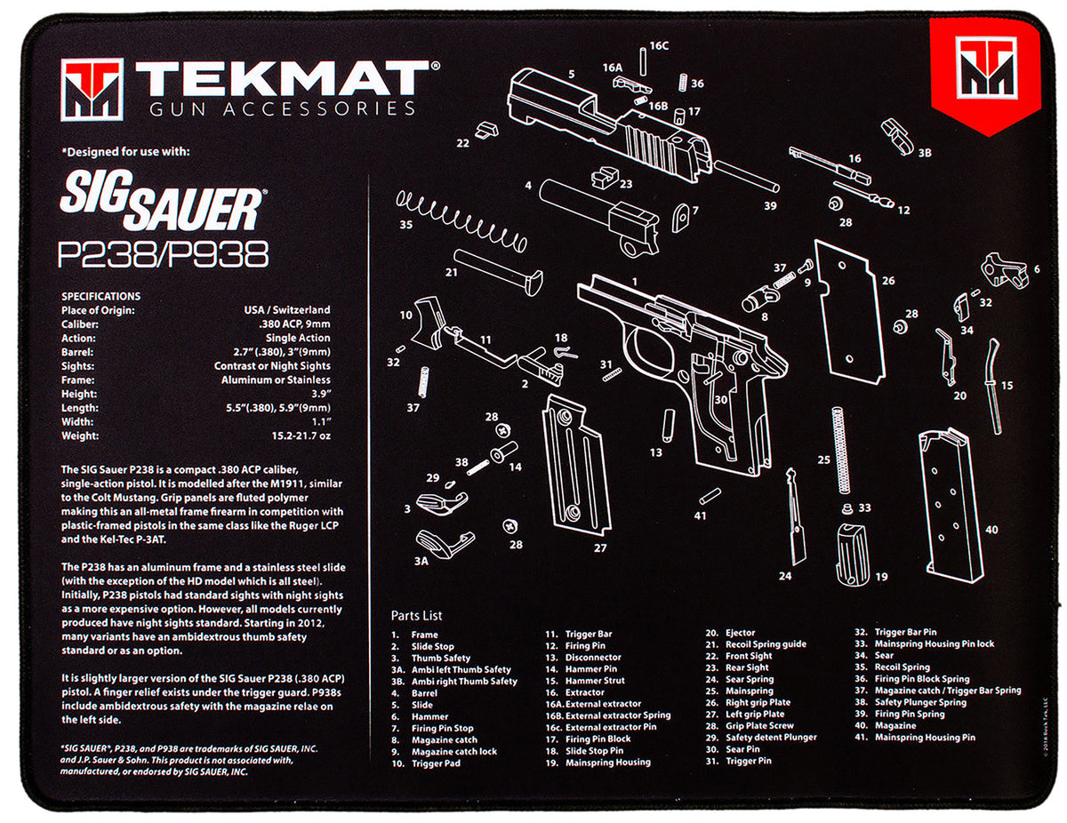 TekMat TEKR20SIGP238 Sig P238 Parts Diagram Ultra 20 Cleaning Mat 15"x20" Black/White