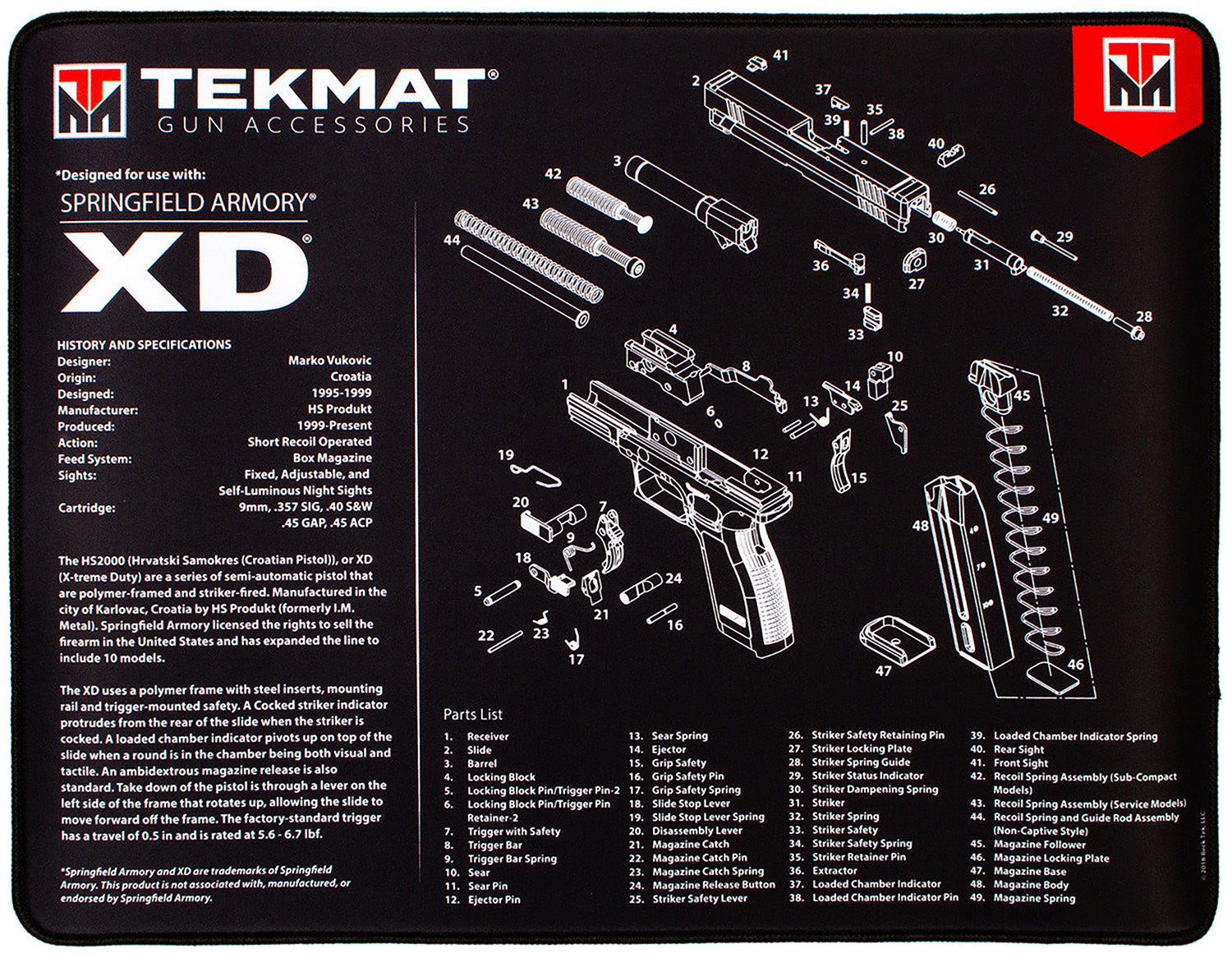 TekMat TEKR20XD Springfield XD Parts Diagram Ultra 20 Cleaning Mat 15"x20" Black/White