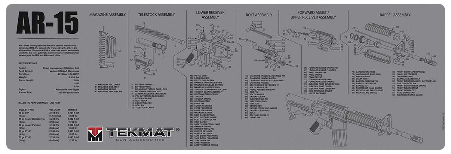 TekMat TEKR36AR15GY AR-15 Parts Diagram Cleaning Mat 12"x36" Gray