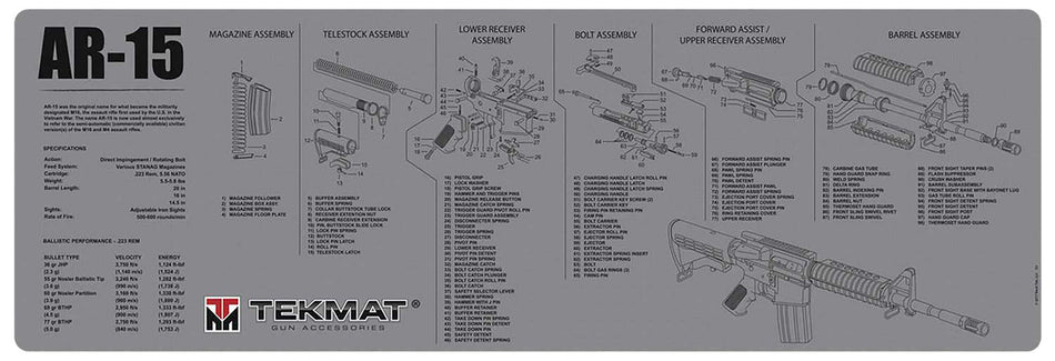 TekMat TEKR36AR15GY AR-15 Parts Diagram Cleaning Mat 12"x36" Gray