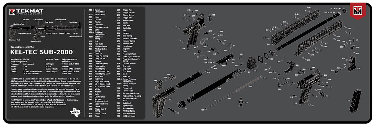 TekMat TEKR36KELSUB2 Kel-Tec SUB2000 Parts Diagram Cleaning Mat 12"x36" Black/White