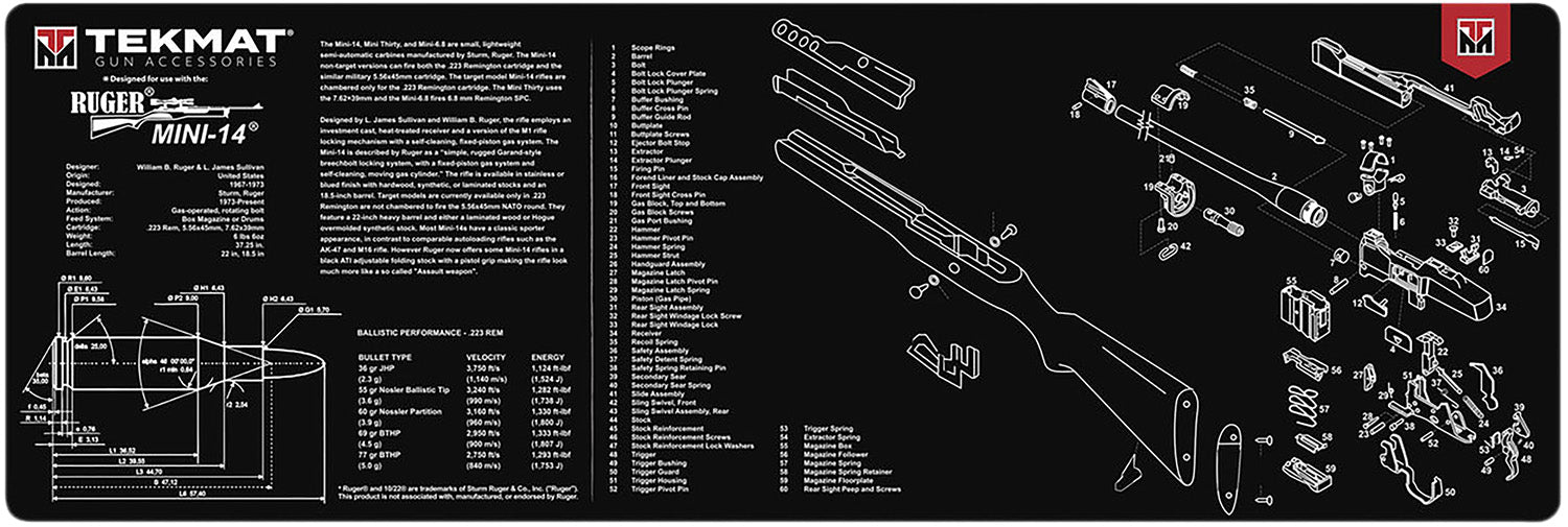 TekMat Ruger Mini-14 Parts Diagram Cleaning Mat 12x36 Inch Black/White