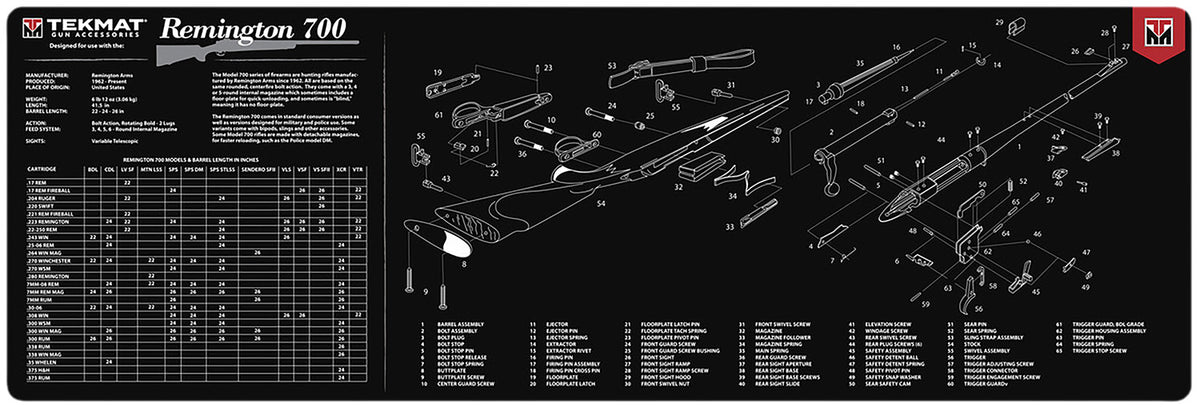 TekMat Remington 700 Parts Diagram Cleaning Mat 12x36 Inch Black/White