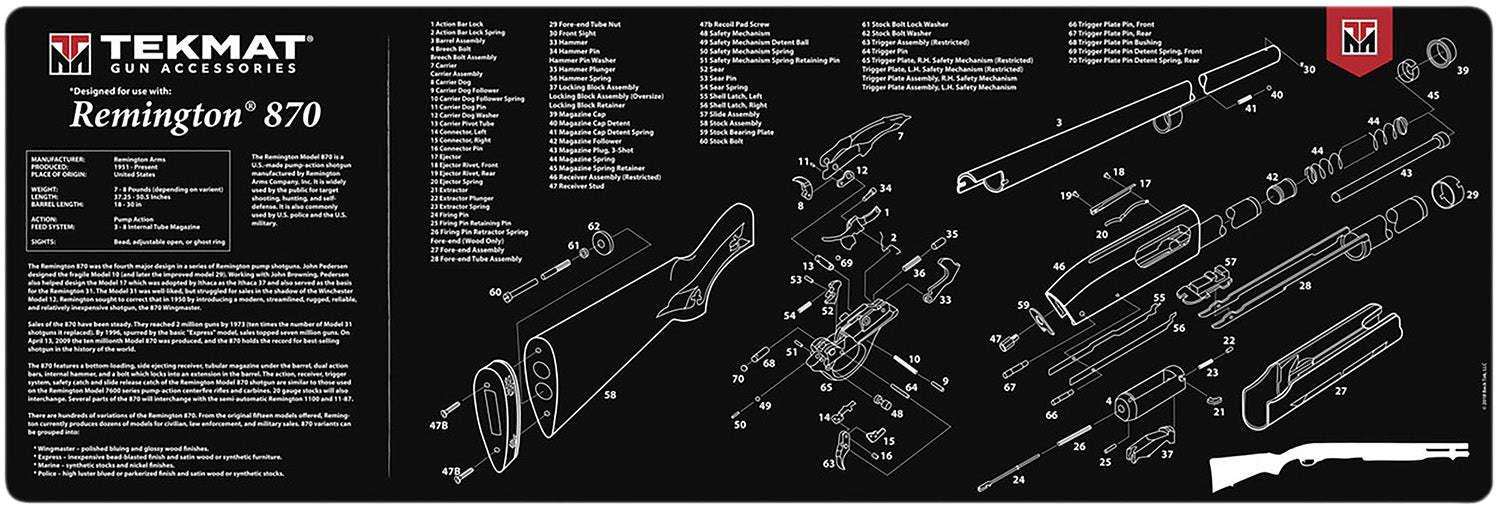 TekMat Remington 870 Parts Diagram Cleaning Mat 12x36 Inch Black/White