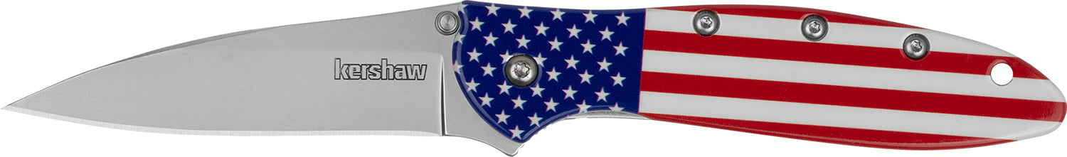 Kershaw 1660USA Leek USA Flag Assisted Opening Folder 3" Drop Point 14C28N Blade, Stars and Stripes UFI Aluminum Handle