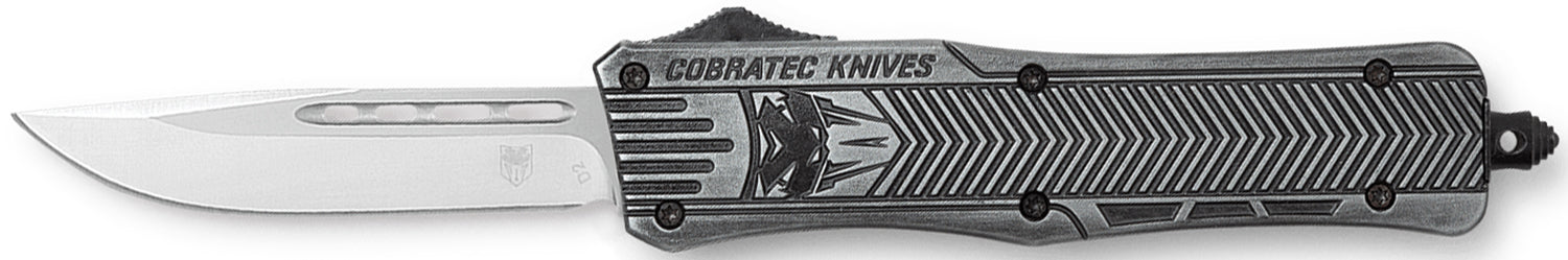CobraTec CTK-1 Medium 3" OTF Knife Drop Point Plain Stonewashed D2 Steel Blade Black Aluminum Handle