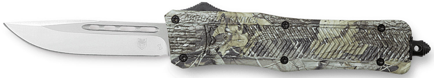 CobraTec CTK-1 Medium 3" OTF Knife Drop Point Plain D2 Blade Woodland Camo Alloy Handle