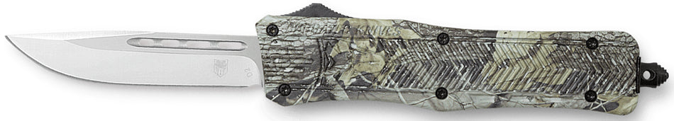 CobraTec CTK-1 Medium 3" OTF Knife Drop Point Plain D2 Blade Woodland Camo Alloy Handle