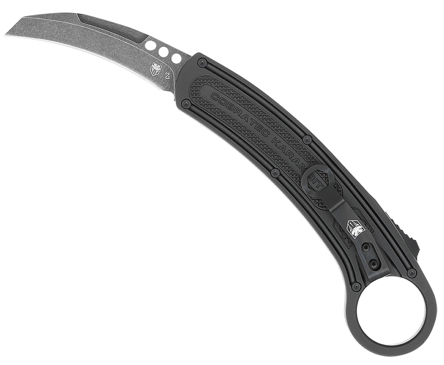 CobraTec CTBKRH Karambit Auto OTF 2.75" Plain D2 Steel Blade 5.88" Black Anodized Aluminum Handle Finger Ring