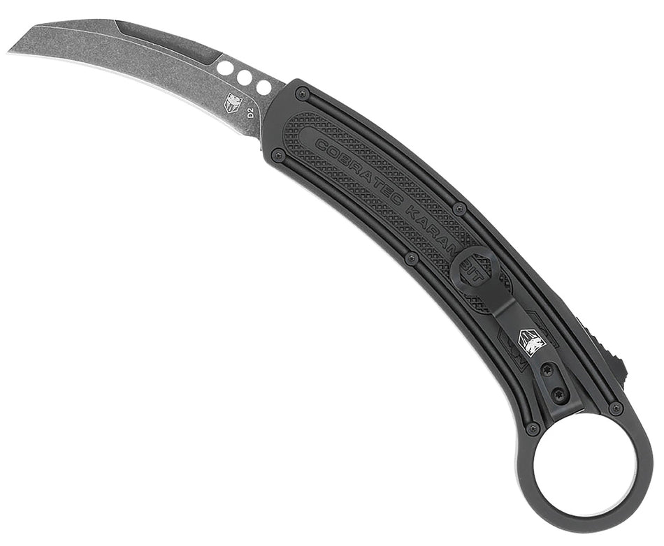 CobraTec CTBKRH Karambit Auto OTF 2.75" Plain D2 Steel Blade 5.88" Black Anodized Aluminum Handle Finger Ring