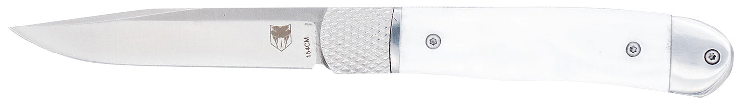 CobraTec Knives Trapper 3.13" Folding Hidden Release 154CM SS Blade White Abalone Scales Pocket Clip