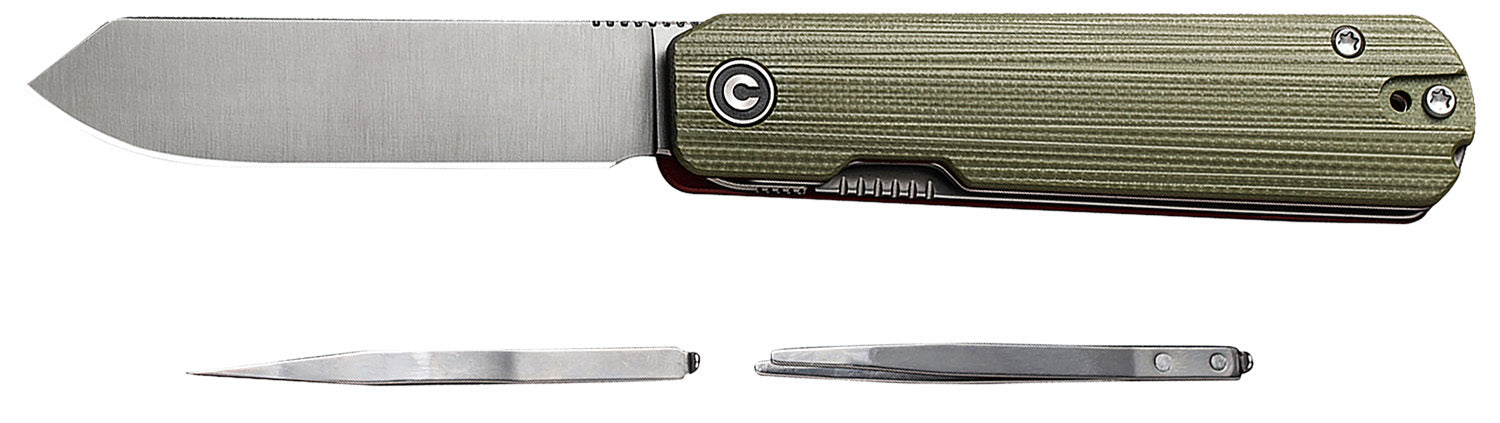 Civivi Knives Sendy 2.83" Folder, Satin Nitro-V Steel Spey Point, Green Textured G10 Handle with Tweezers & Toothpick