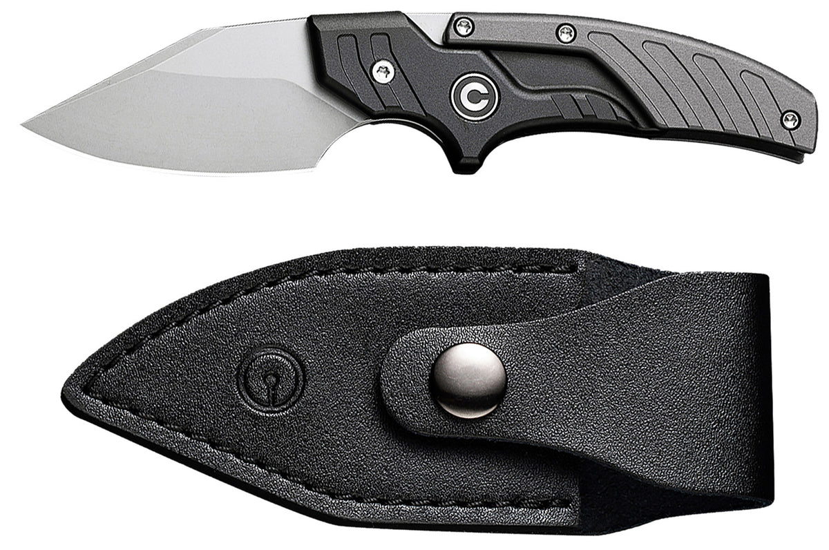 Civivi Knives Typhoeus 2.27" Adjustable Fixed Blade, Stonewashed 14C28N Steel, Black/Gray Textured Aluminum Handle & Leather Sheath