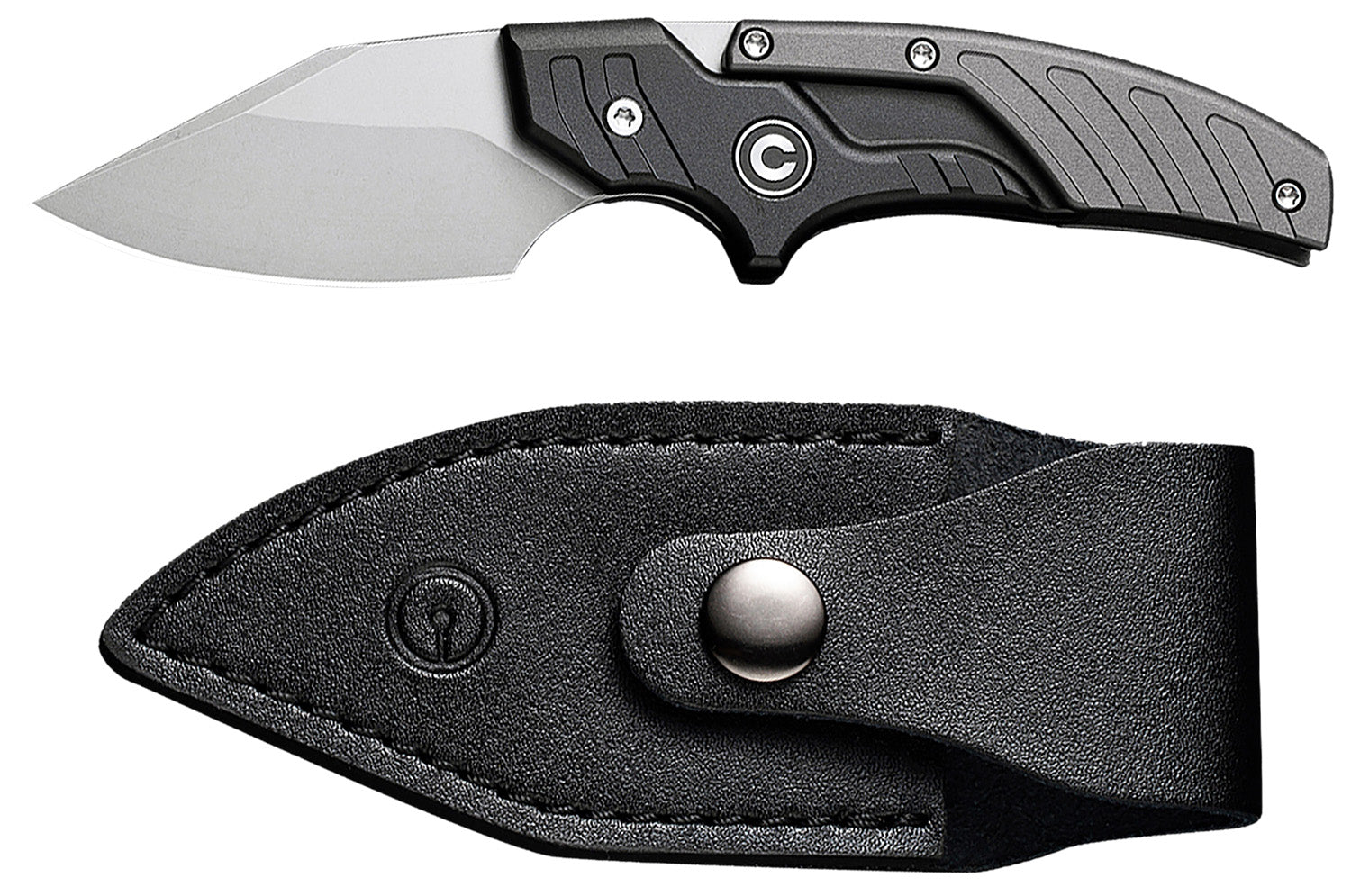 Civivi Knives Typhoeus 2.27" Adjustable Fixed Blade, Stonewashed 14C28N Steel, Black/Gray Textured Aluminum Handle & Leather Sheath