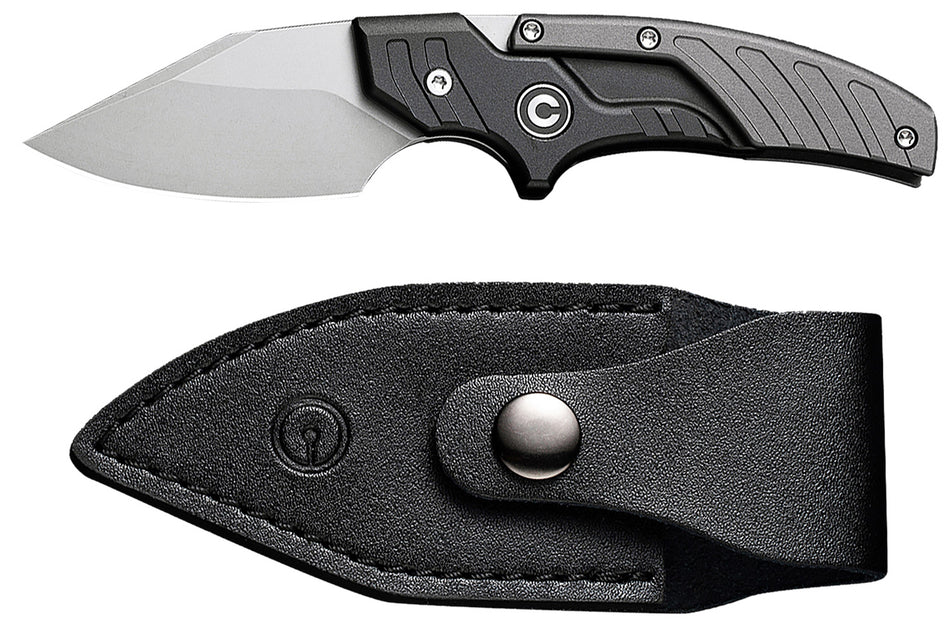 Civivi Knives Typhoeus 2.27" Adjustable Fixed Blade, Stonewashed 14C28N Steel, Black/Gray Textured Aluminum Handle & Leather Sheath