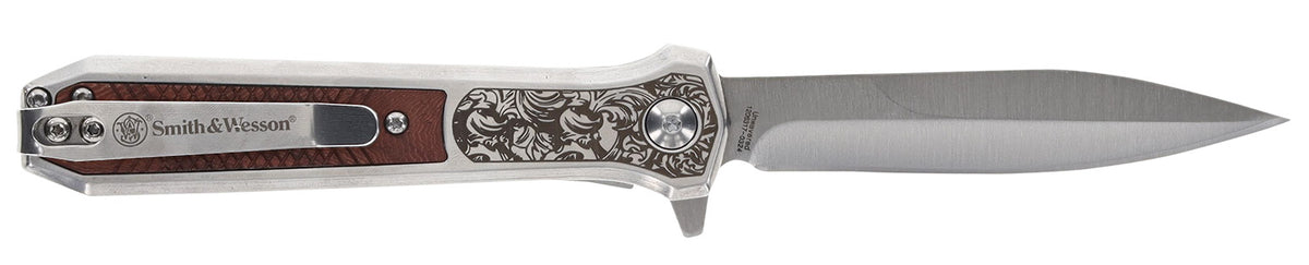 Smith & Wesson 1205011 Unwavered Folding Dagger 3.50" Plain Stonewashed 8Cr13MoV Blade 4.25" Rosewood Stainless Scales Handle