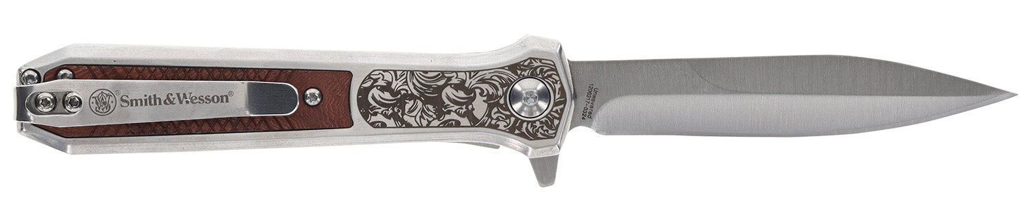 Smith & Wesson 1205011 Unwavered Folding Dagger 3.50" Plain Stonewashed 8Cr13MoV Blade 4.25" Rosewood Stainless Scales Handle