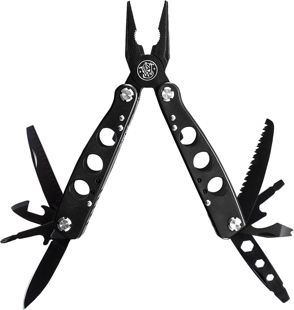 Smith & Wesson SWMT1CP 6.50" Black Multi-Tool with Needle Nose Pliers Can Opener Saw and Hex Wrenches Includes Case