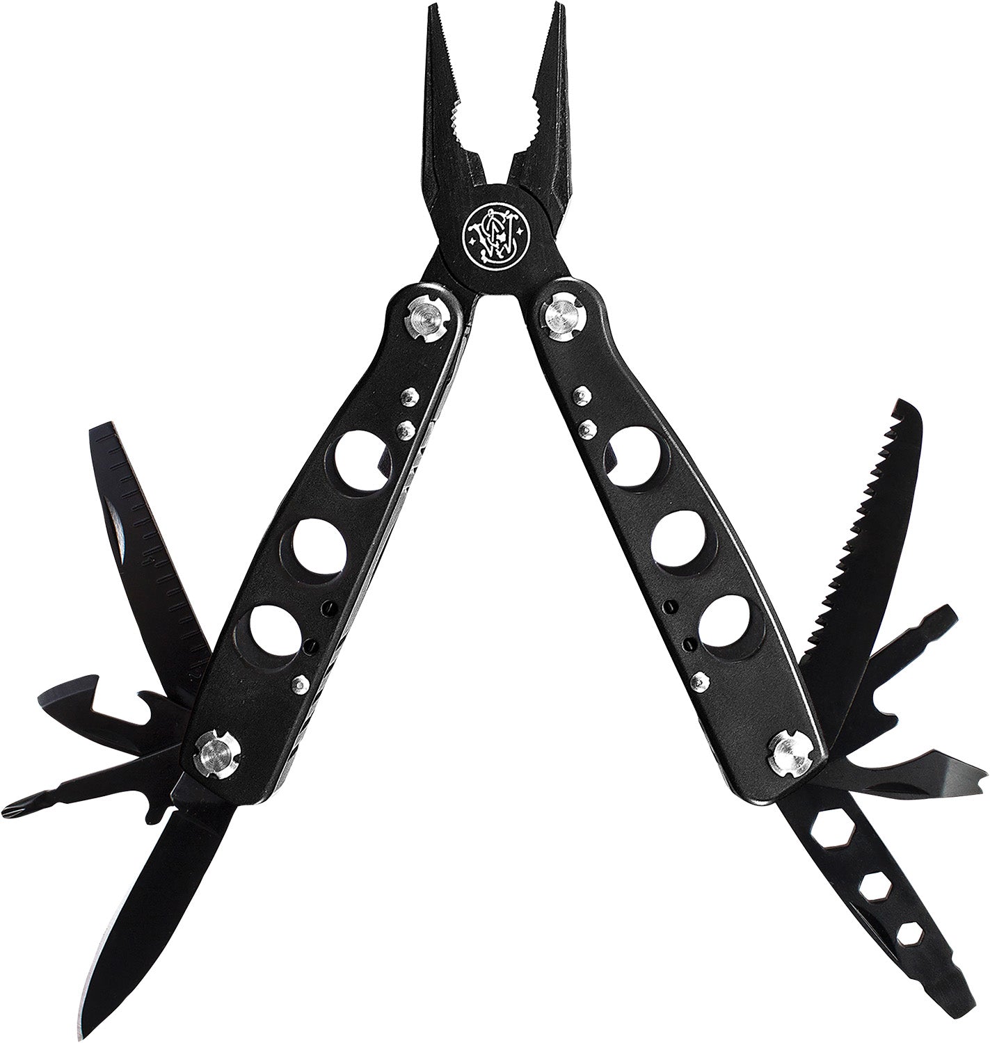 Smith & Wesson SWMT1CP 6.50" Black Multi-Tool with Needle Nose Pliers Can Opener Saw and Hex Wrenches Includes Case