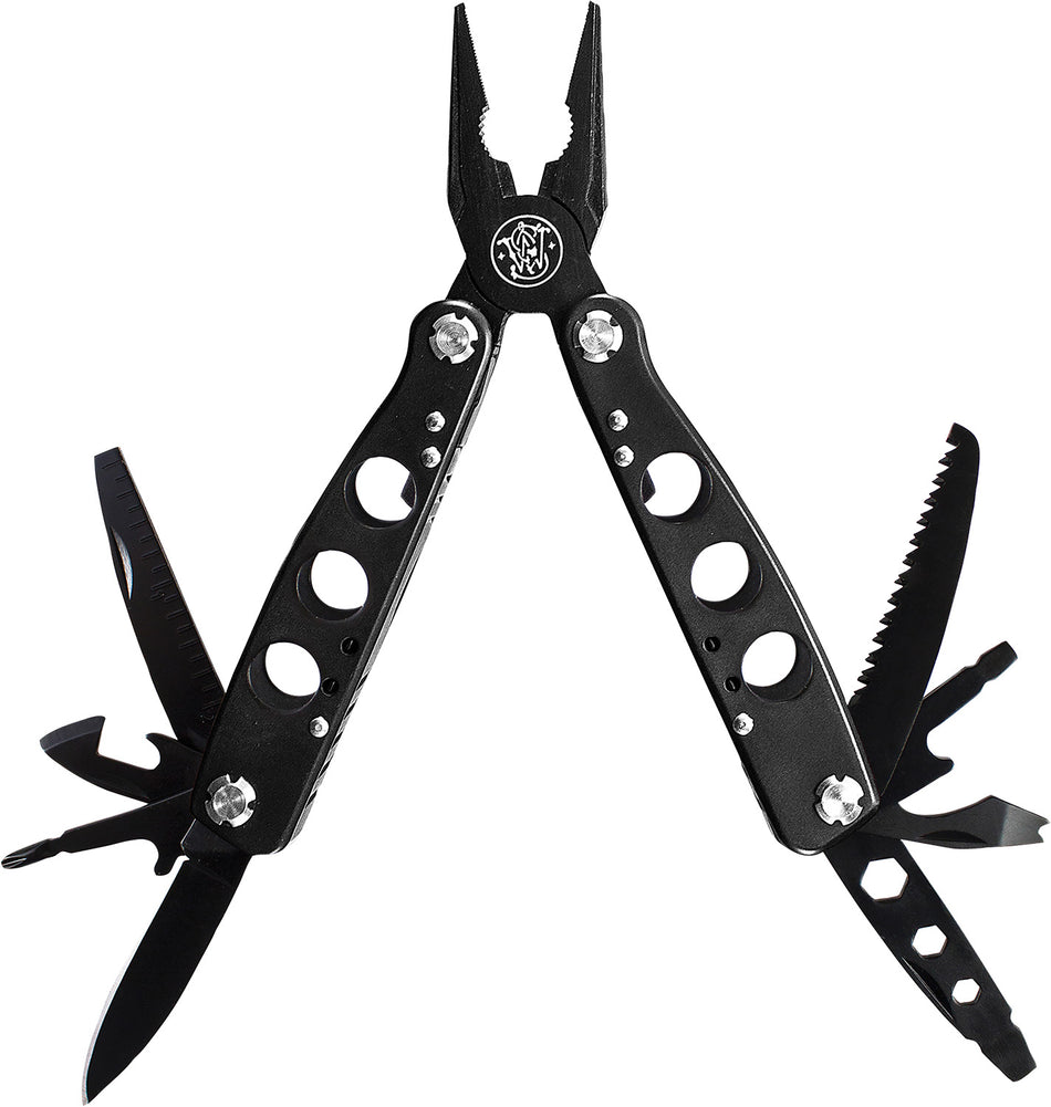 Smith & Wesson SWMT1CP 6.50" Black Multi-Tool with Needle Nose Pliers Can Opener Saw and Hex Wrenches Includes Case