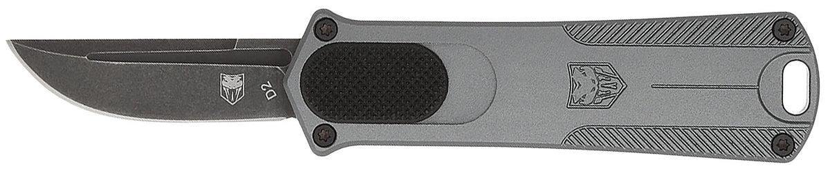 CobraTec Knives CALI952GRYDNS CA Compliant 952 OTF 1.75" Plain D2 Steel Drop Point Blade Gray Aluminum Handle
