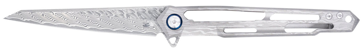 CobraTec CTGSTDAMWNS Ghost Frame Lock Folding Knife 3.88" Damascus Wharncliffe, Titanium Cut-Out Handle Ball Bearing Pivot